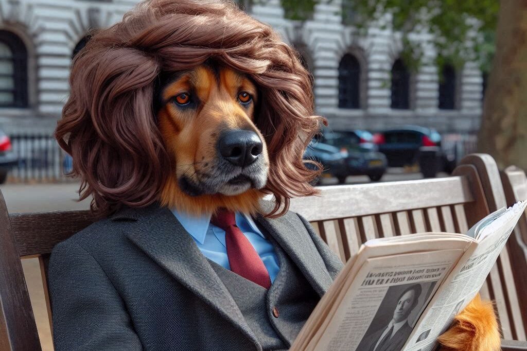 Chien habillé en homme lisant le journal - anthropomorphisme